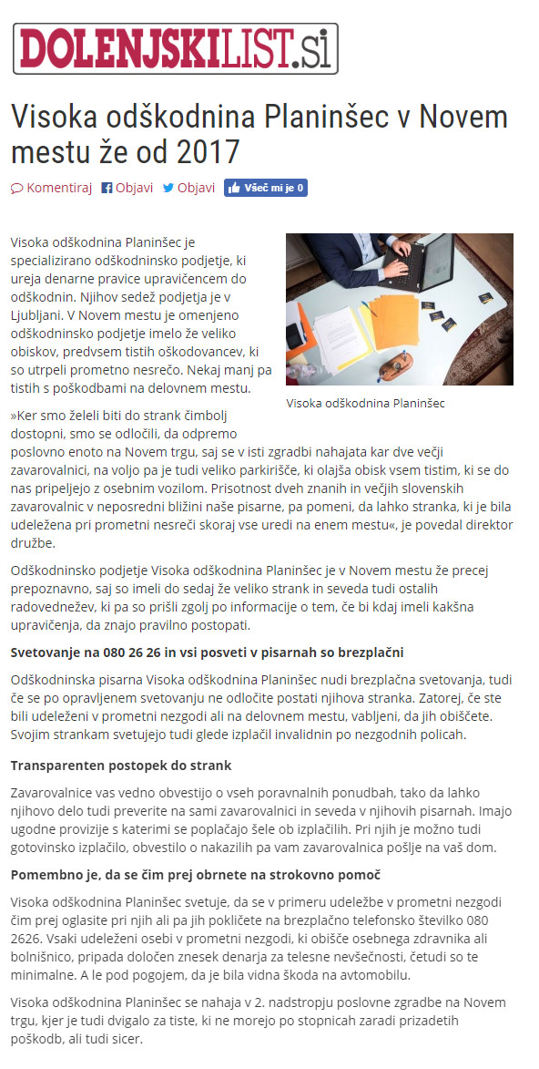 Visoka Odškodnina Planinšec Novo Mesto